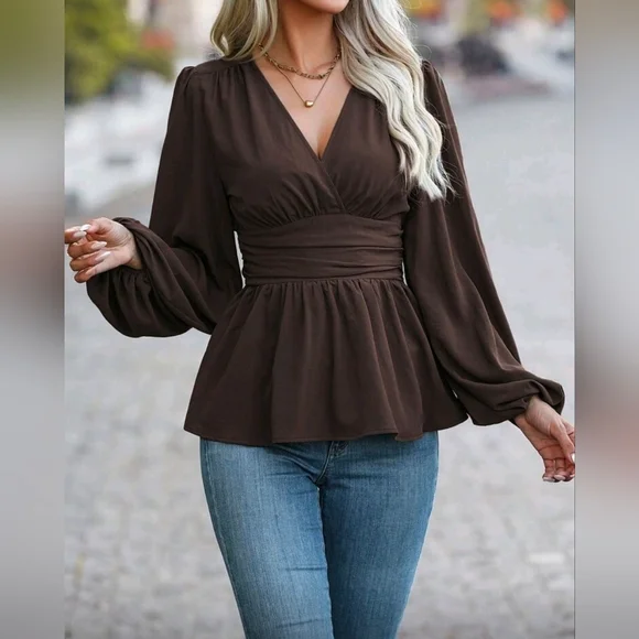 NEW Chic Ruched Waist Lantern Sleeve Peplum Top Blouse Dark Brown - Picture 6 of 8